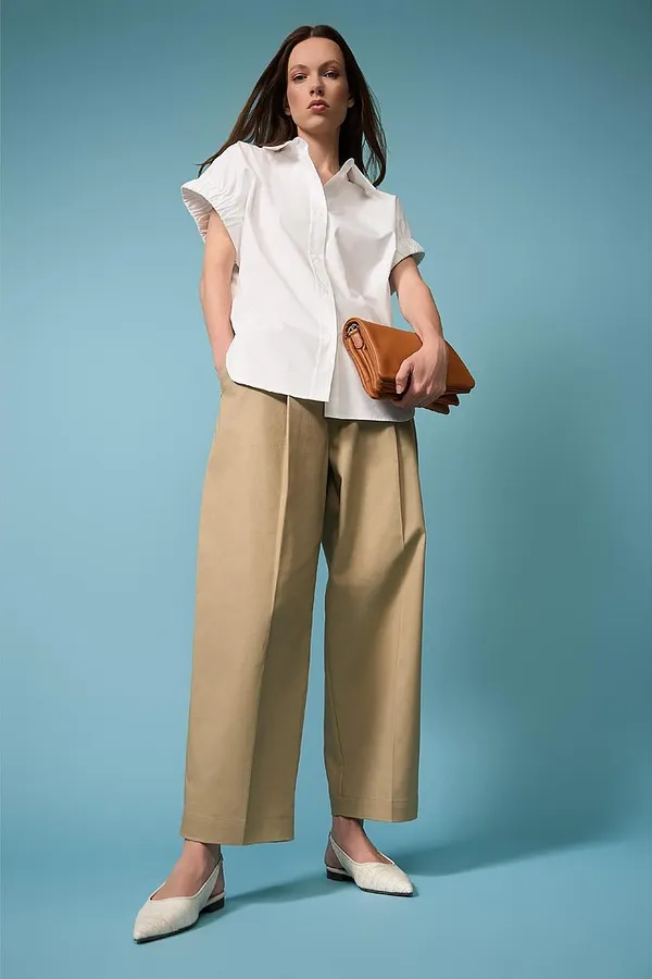 Beige Katoenen Paperbag Broek Steekzakken Barrel Balti
