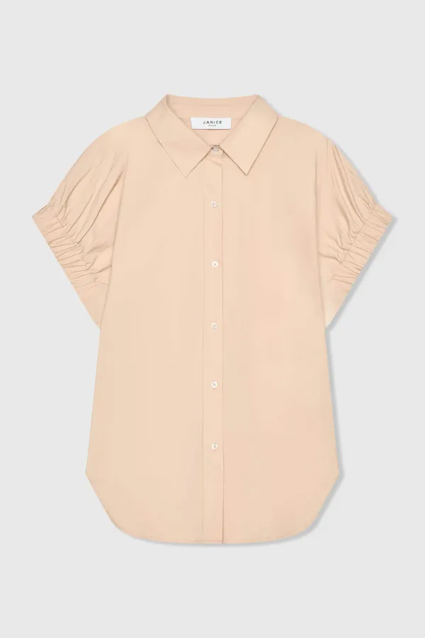 Beige Katoenen Dames Blouse Korte Mouw Yaro