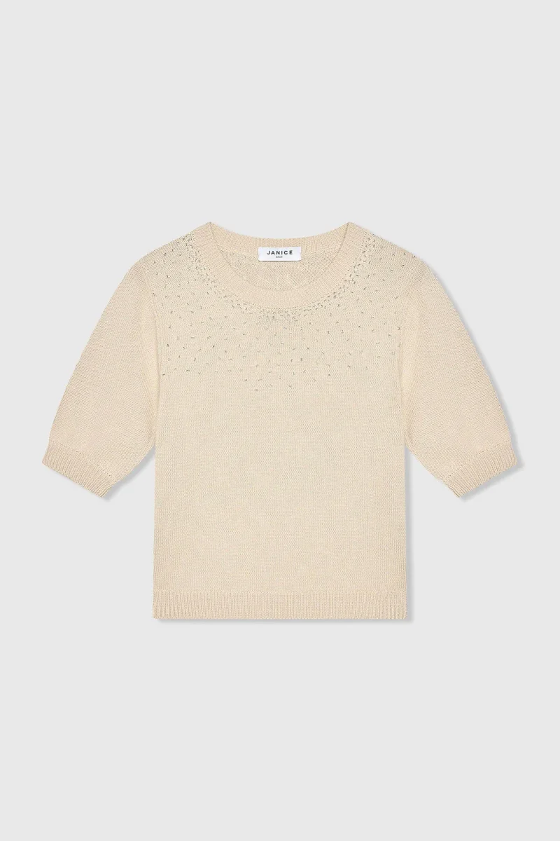 Beige Katoenen Dames Truitje Met Steentjes Barret