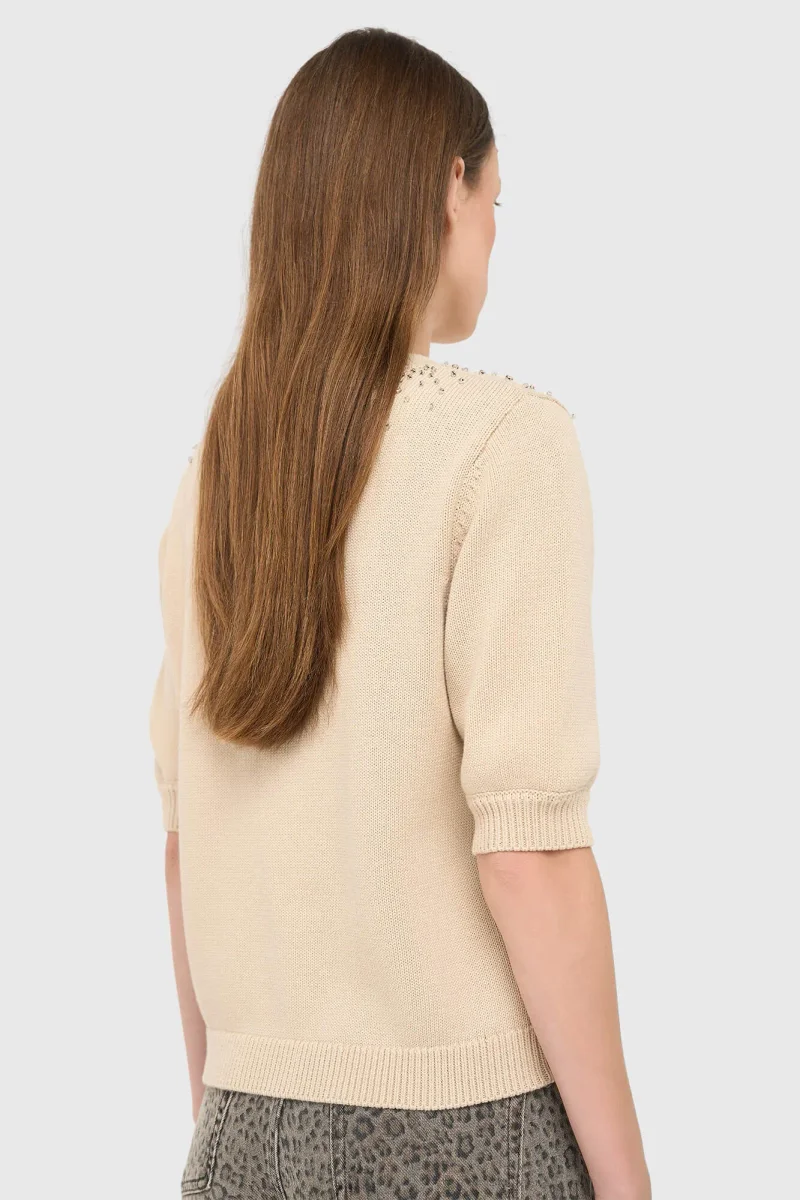 Beige Katoenen Dames Truitje Met Steentjes Barret