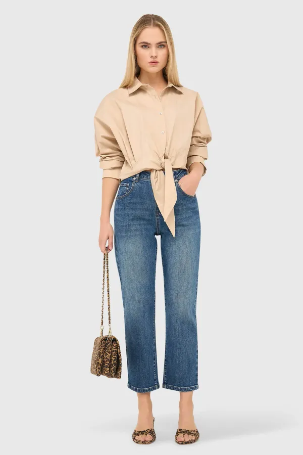 Beige Katoenen Strik Blouse Dames David