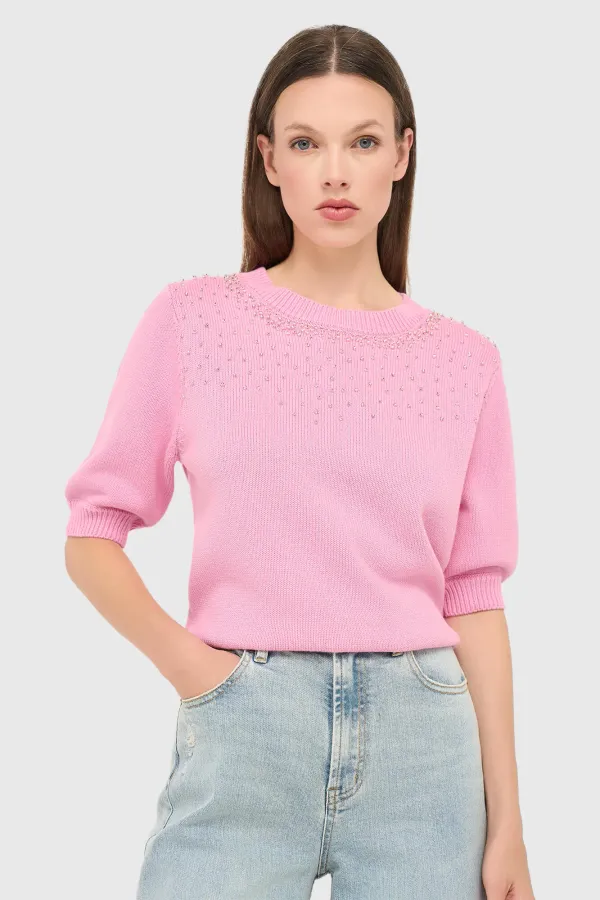Roze Katoenen Dames Truitje Met Steentjes Barret