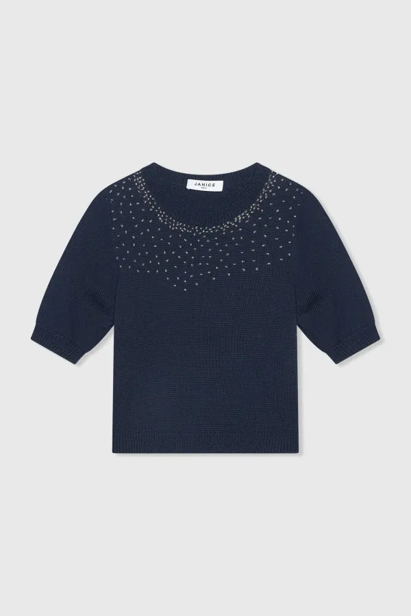 Blauw Katoenen Dames Truitje Met Steentjes Barret