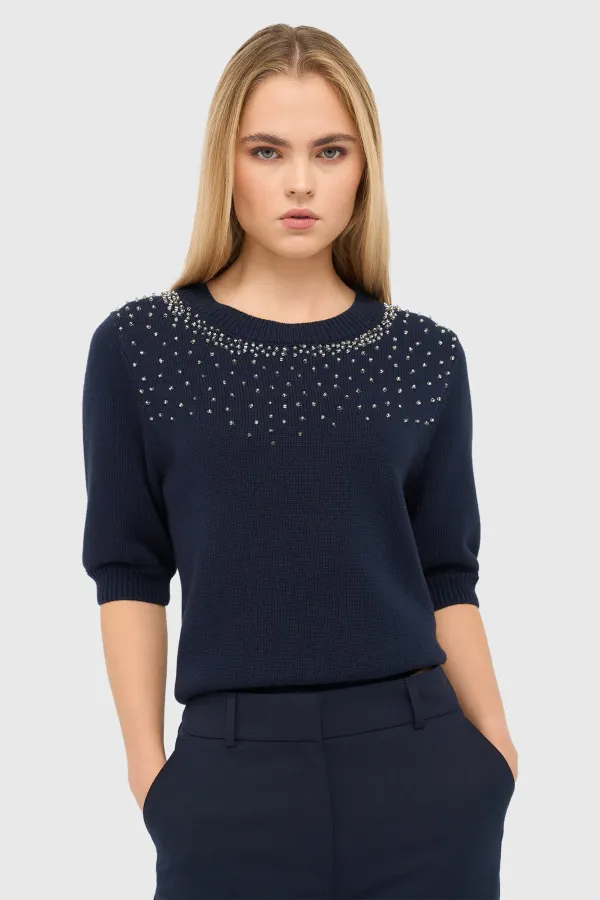 Blauw Katoenen Dames Truitje Met Steentjes Barret