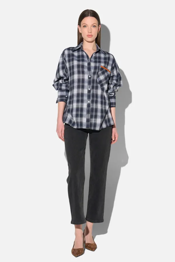Blauwe Dames Blouse Katoen Oversized Ruiten Phil