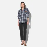 Blauwe Dames Blouse Katoen Oversized Ruiten Phil