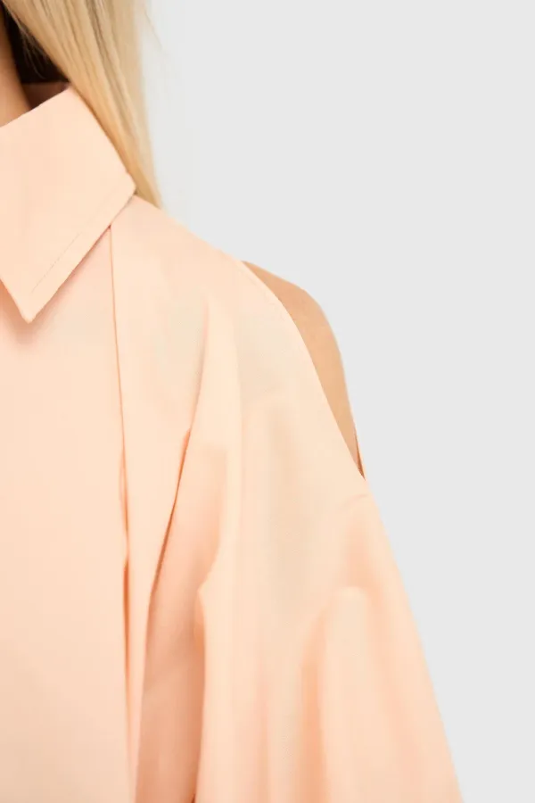 Blouse Dames Katoen Peach Tone Pofmouw Cut Out