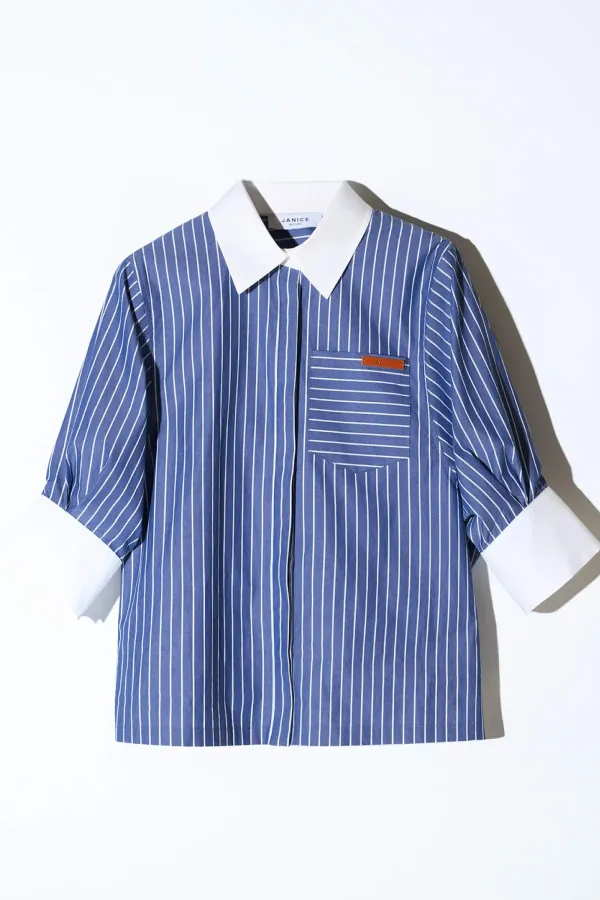 Blouse Dames Korte Mouw Katoen Seattle Blauw Streep