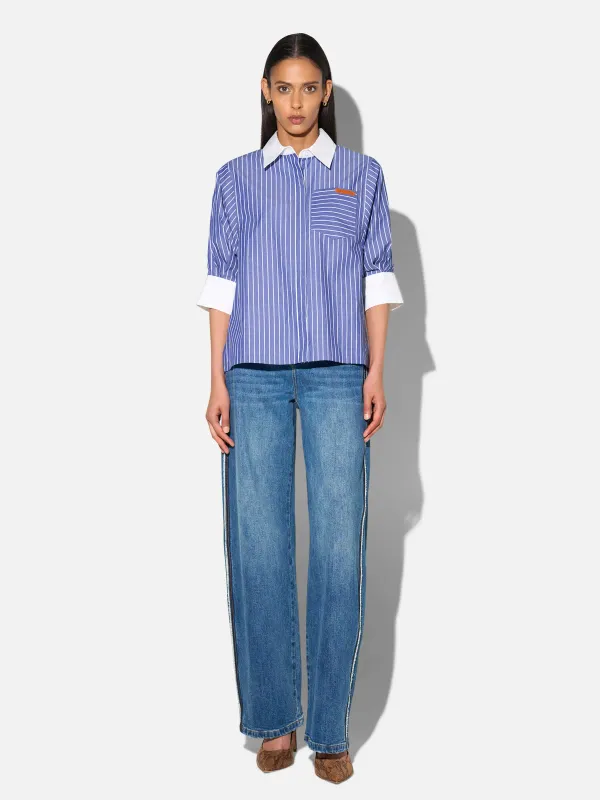 Blouse Dames Korte Mouw Katoen Seattle Blauw Streep