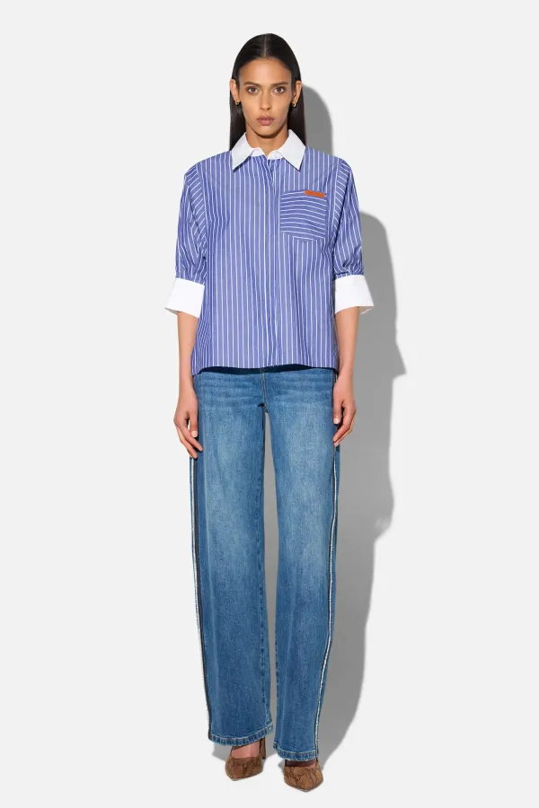 Blouse Dames Korte Mouw Katoen Seattle Blauw Streep