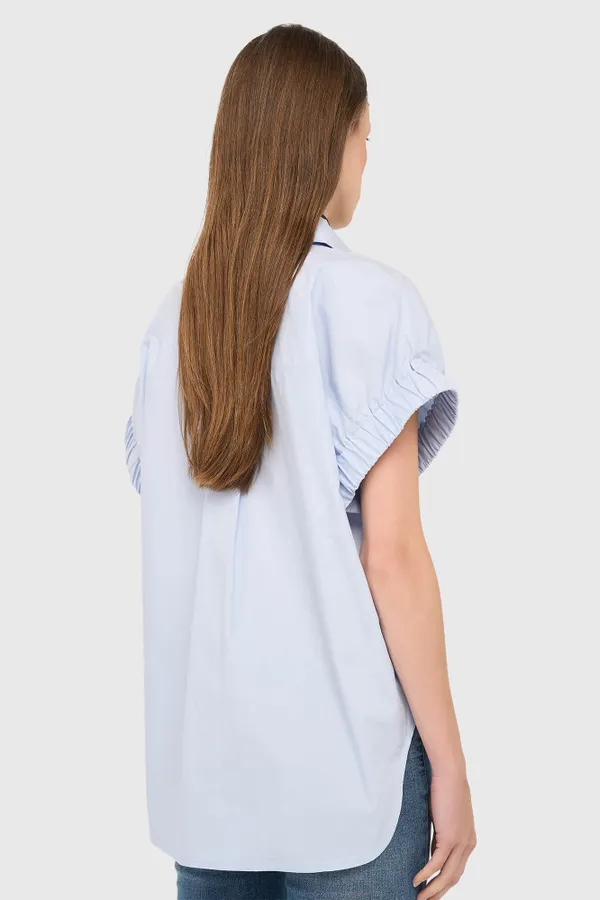 Blauwe Katoenen Dames Blouse Korte Mouw Yaro