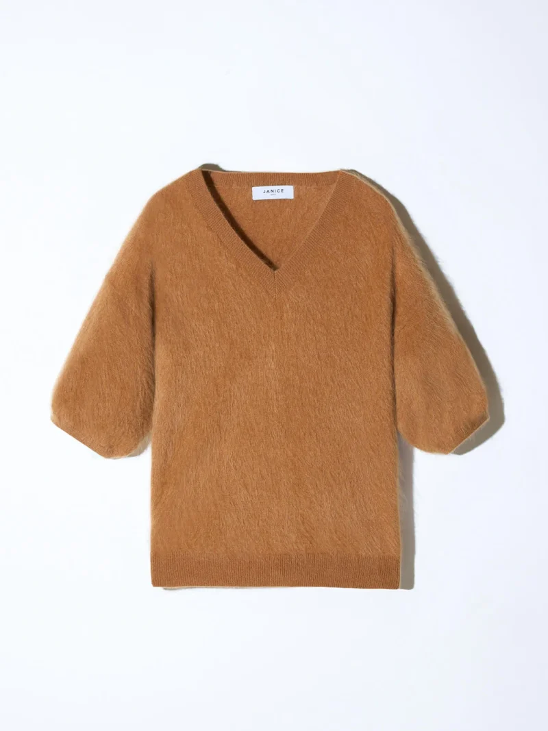 Brushed Cashmere Dames Trui V Hals Romeo Camel