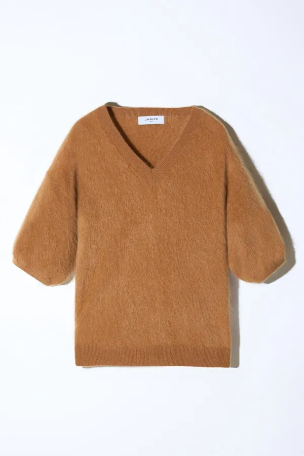 Brushed Cashmere Dames Trui V Hals Romeo Camel