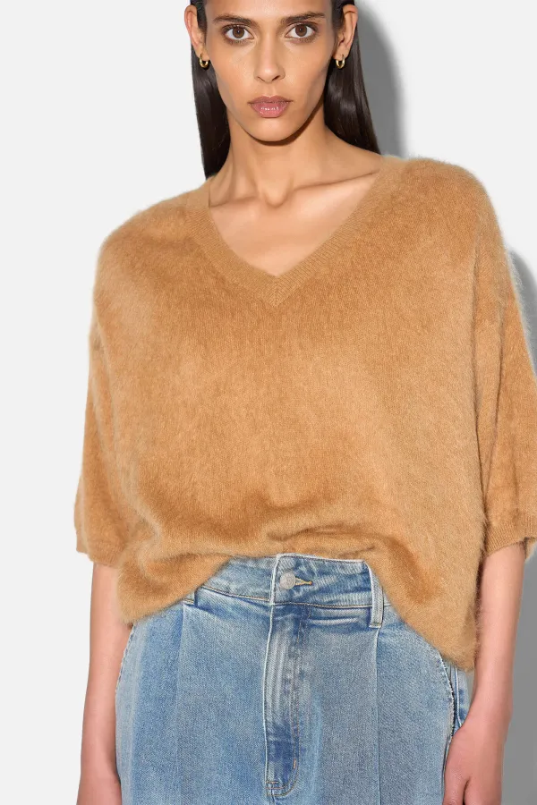 Brushed Cashmere Dames Trui V Hals Romeo Camel