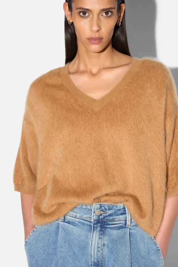 Brushed Cashmere Dames Trui V Hals Romeo Camel