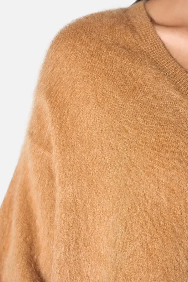 Brushed Cashmere Dames Trui V Hals Romeo Camel