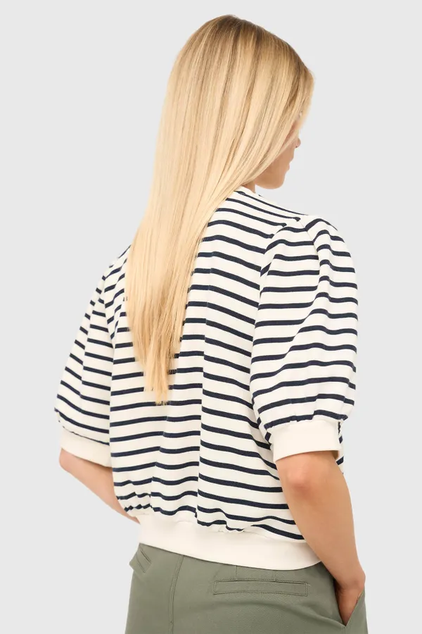 Gestreepte Blauw Wit Dames Sweater Pof Mouw Katoen Corey