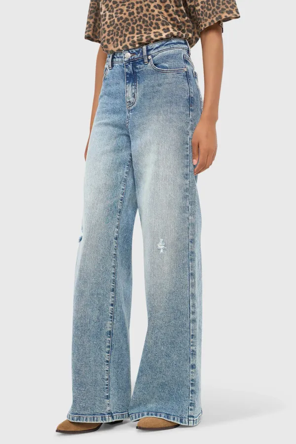 Jeans Dames Wijde Pijp Mid Rise Stretch Cash Blauw 379