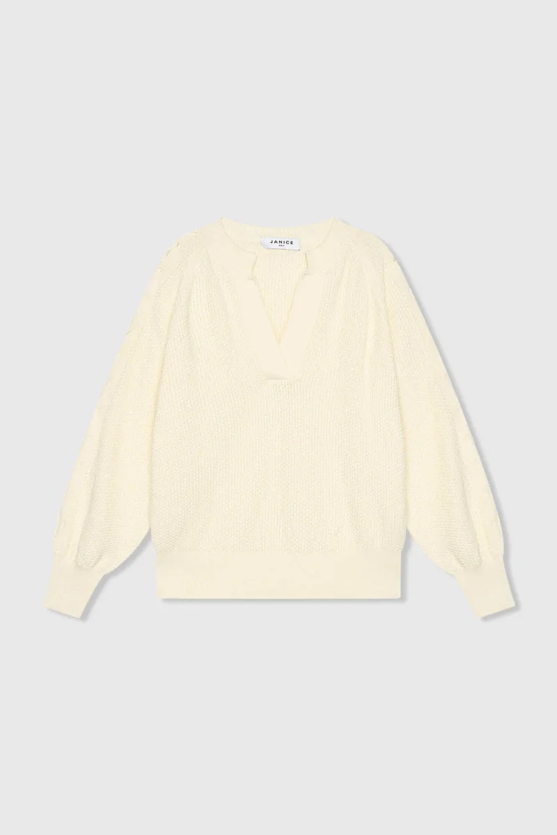 Katoenen Dames Trui Veters Mouwen Open Schouders Grove Off White
