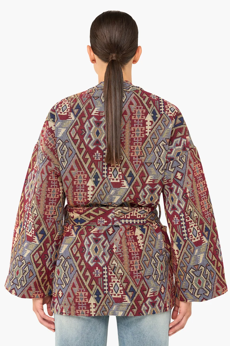 Kimono Dames Jacquard Preston Aztec Rood