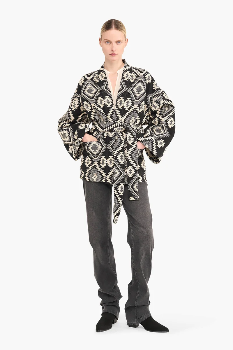 Kimono Dames Jacquard Preston Aztec Zwart