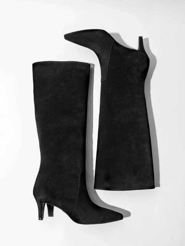 Hoge Leren Laars Punt Neus Queen Hak Darwin Zwart Suede