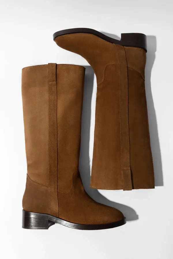 Leren Hogen Laars Plat Sem Suede Cognac
