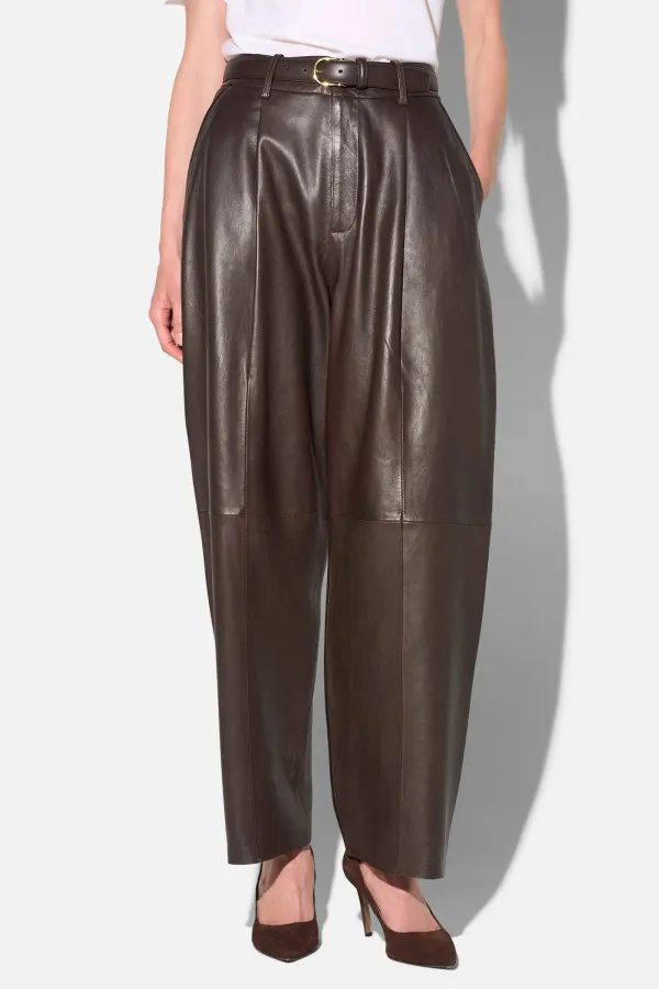 Leren Dames Broek Steekzakken Barrel Balti Bruin