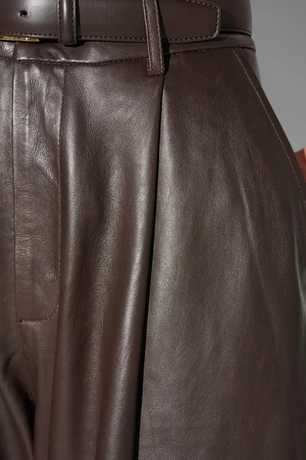 Leren Dames Broek Steekzakken Barrel Balti Bruin