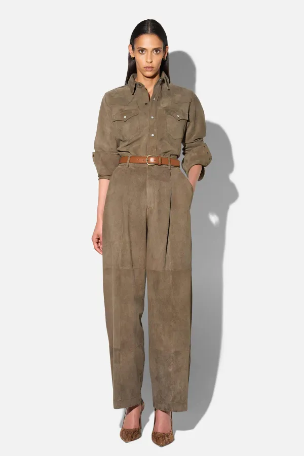 Leren Dames Broek Steekzakken Barrel Balti Groen Suede