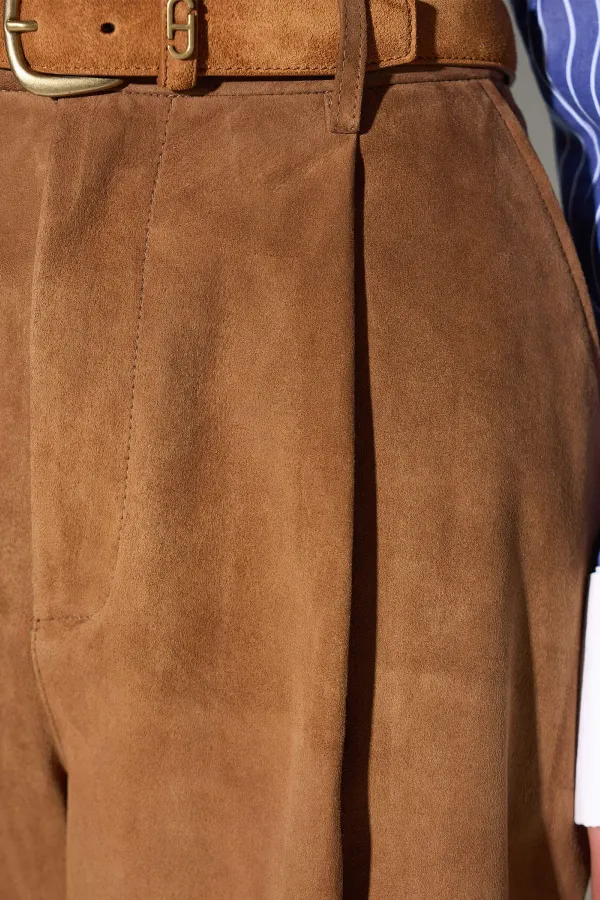 Leren Dames Broek Steekzakken Barrel Balti Tabacco Suede