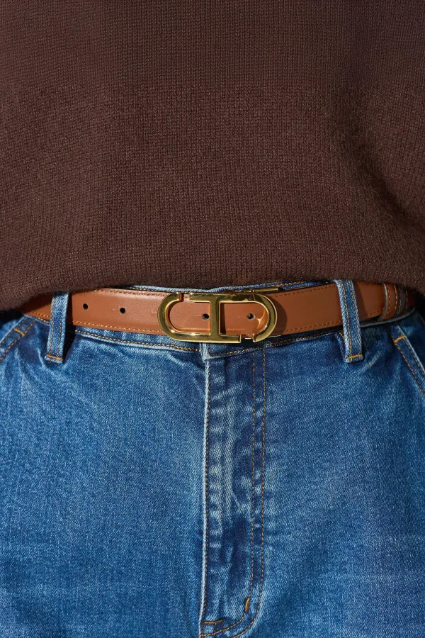 Leren Dames Riem Reversible Goud Trophy Tabacco Bruin
