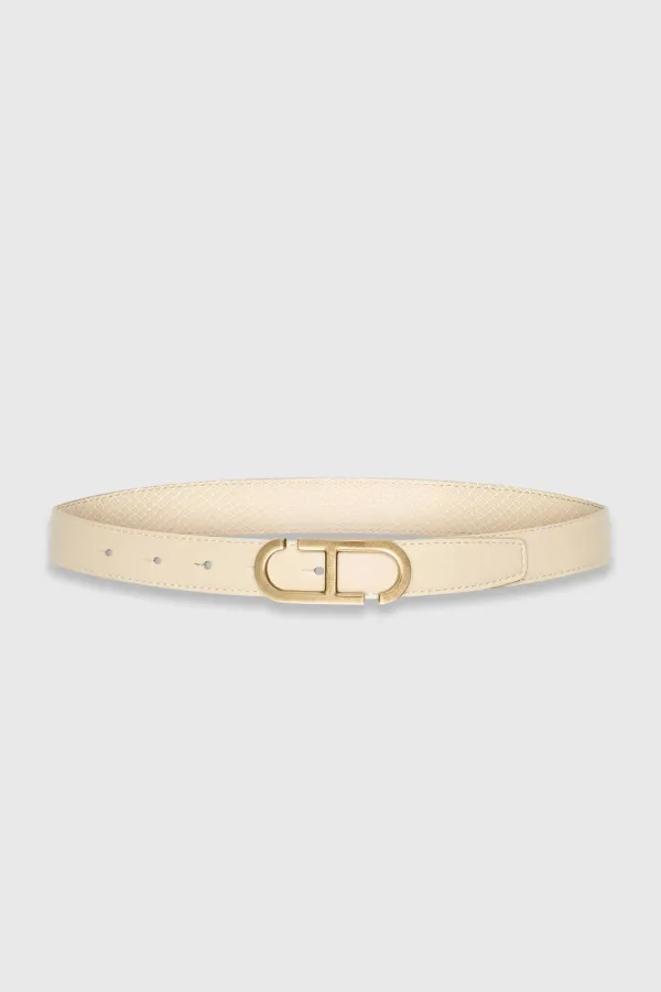 Leren Dames Riem Reversible Off White Creme Brass Trophy Buckle