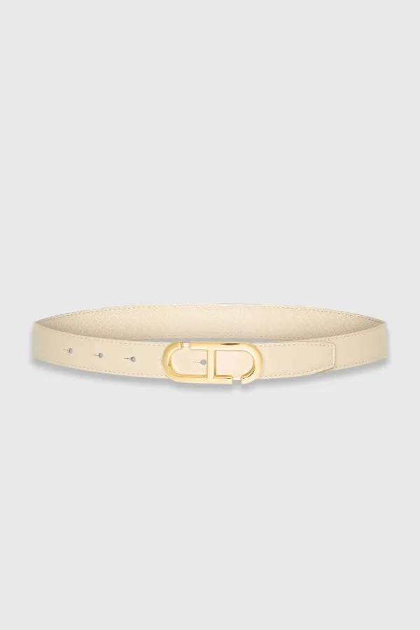 Leren Dames Riem Reversible Off White Creme Goud Trophy Buckle