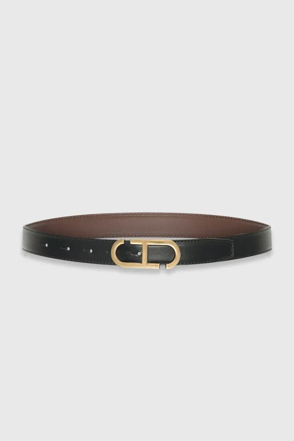 Leren Dames Riem Reversible Zwart Bruin Brass Trophy Buckle