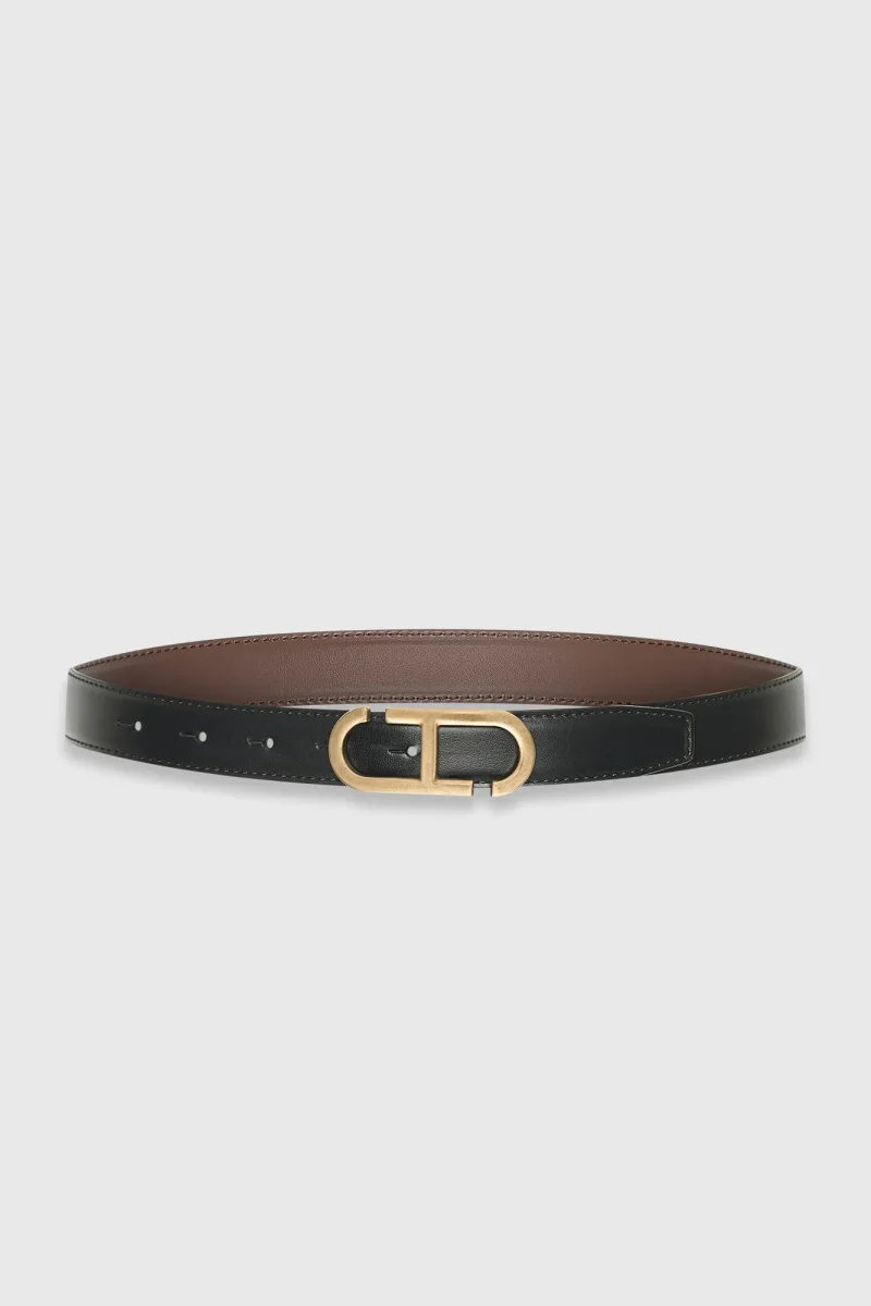 Leren Dames Riem Reversible Zwart Bruin Brass Trophy Buckle