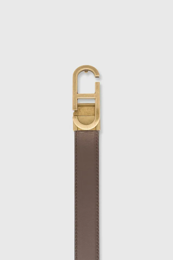 Leren Dames Riem Reversible Zwart Bruin Brass Trophy Buckle