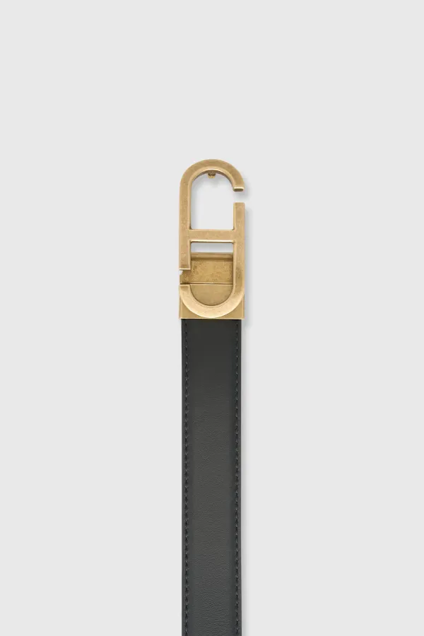 Leren Dames Riem Reversible Zwart Bruin Brass Trophy Buckle