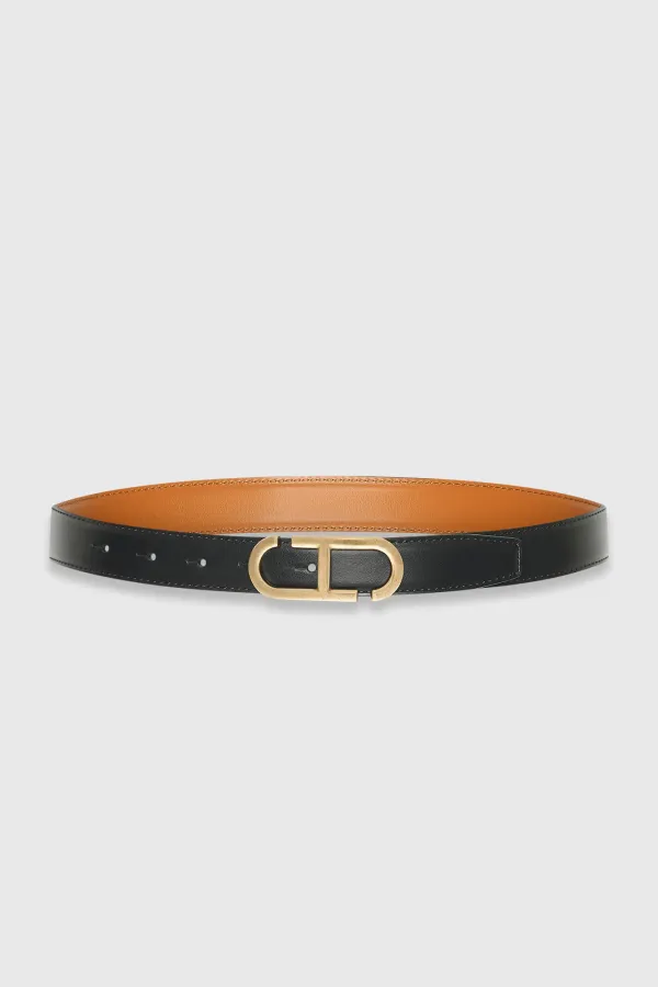 Leren Dames Riem Reversible Zwart Camel Brass Trophy Buckle
