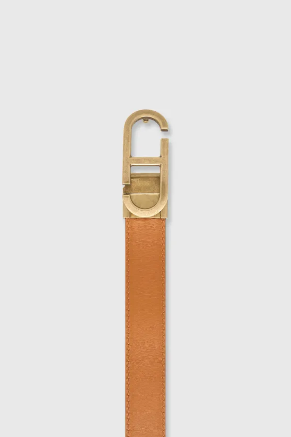 Leren Dames Riem Reversible Zwart Camel Brass Trophy Buckle