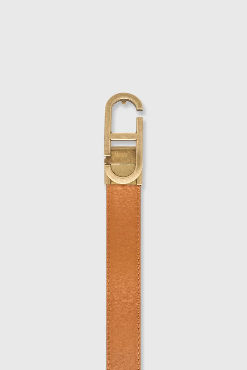 Leren Dames Riem Reversible Zwart Camel Brass Trophy Buckle
