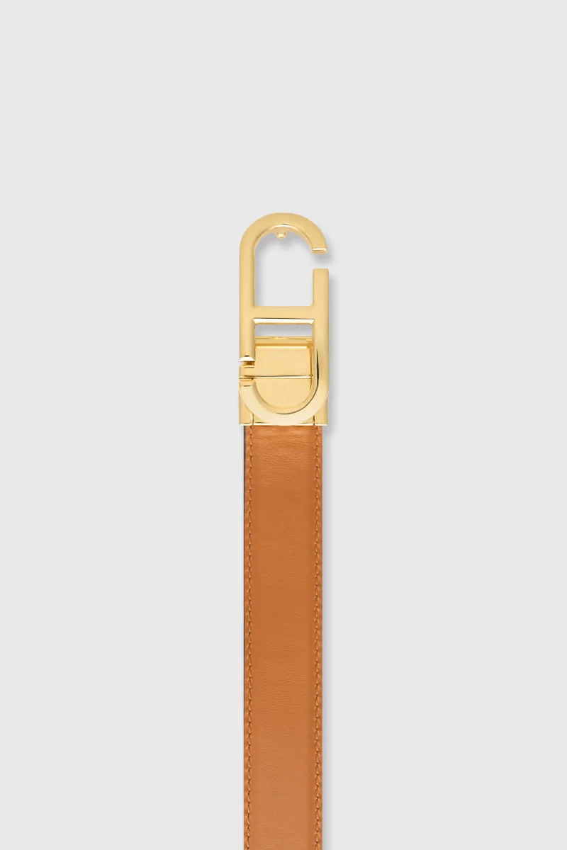 Leren Dames Riem Reversible Zwart Camel Goud Trophy Buckle