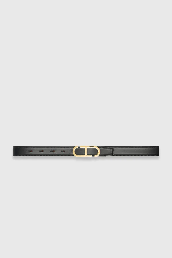Leren Dames Riem Reversible Zwart Camel Goud Trophy Buckle