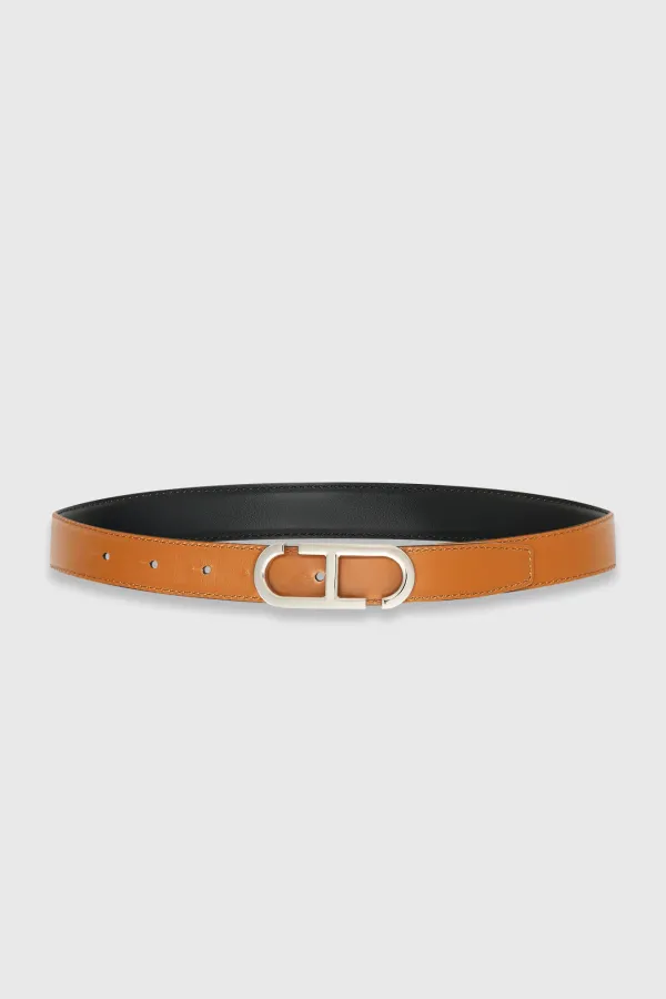 Leren Dames Riem Reversible Zwart Camel Zilver Trophy Buckle