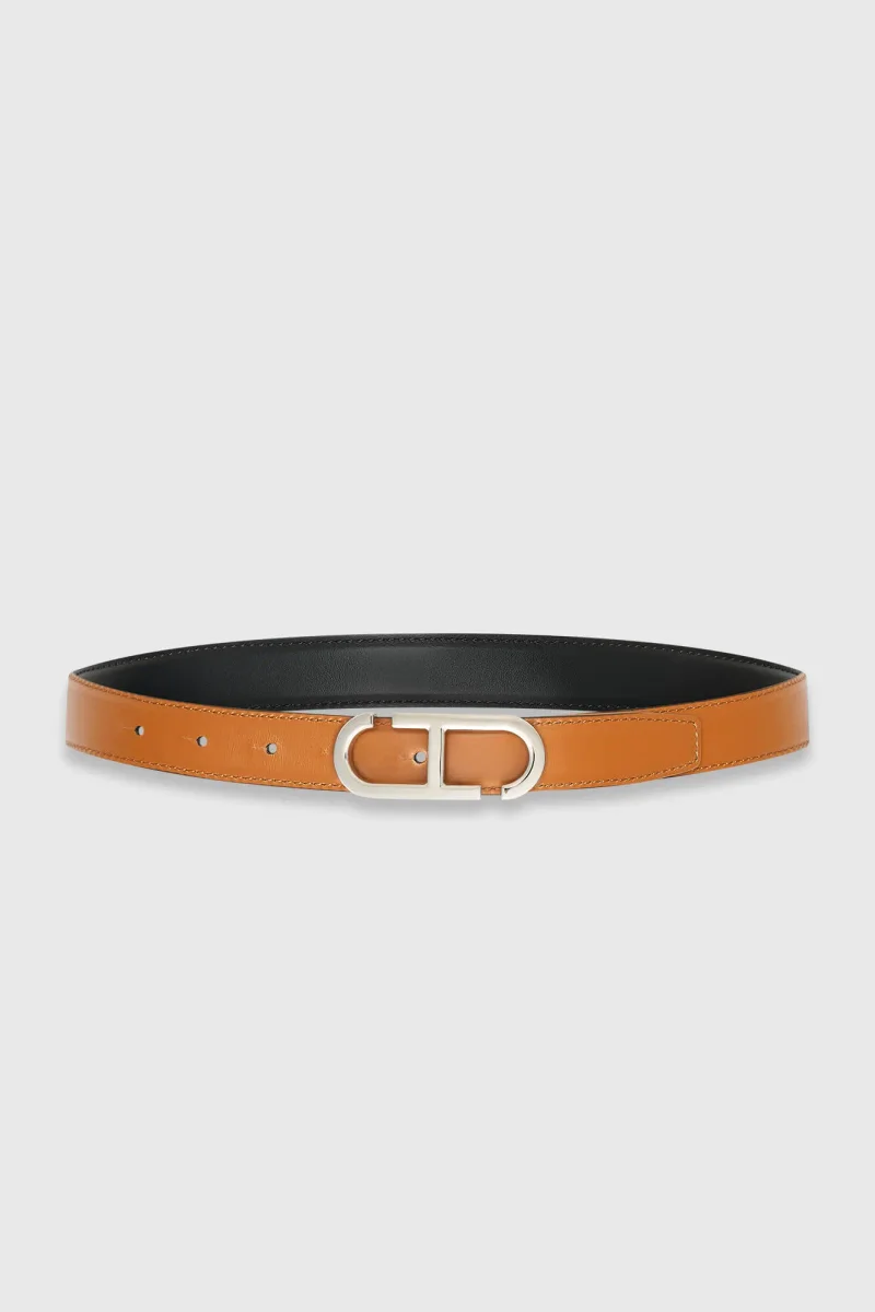 Leren Dames Riem Reversible Zwart Camel Zilver Trophy Buckle