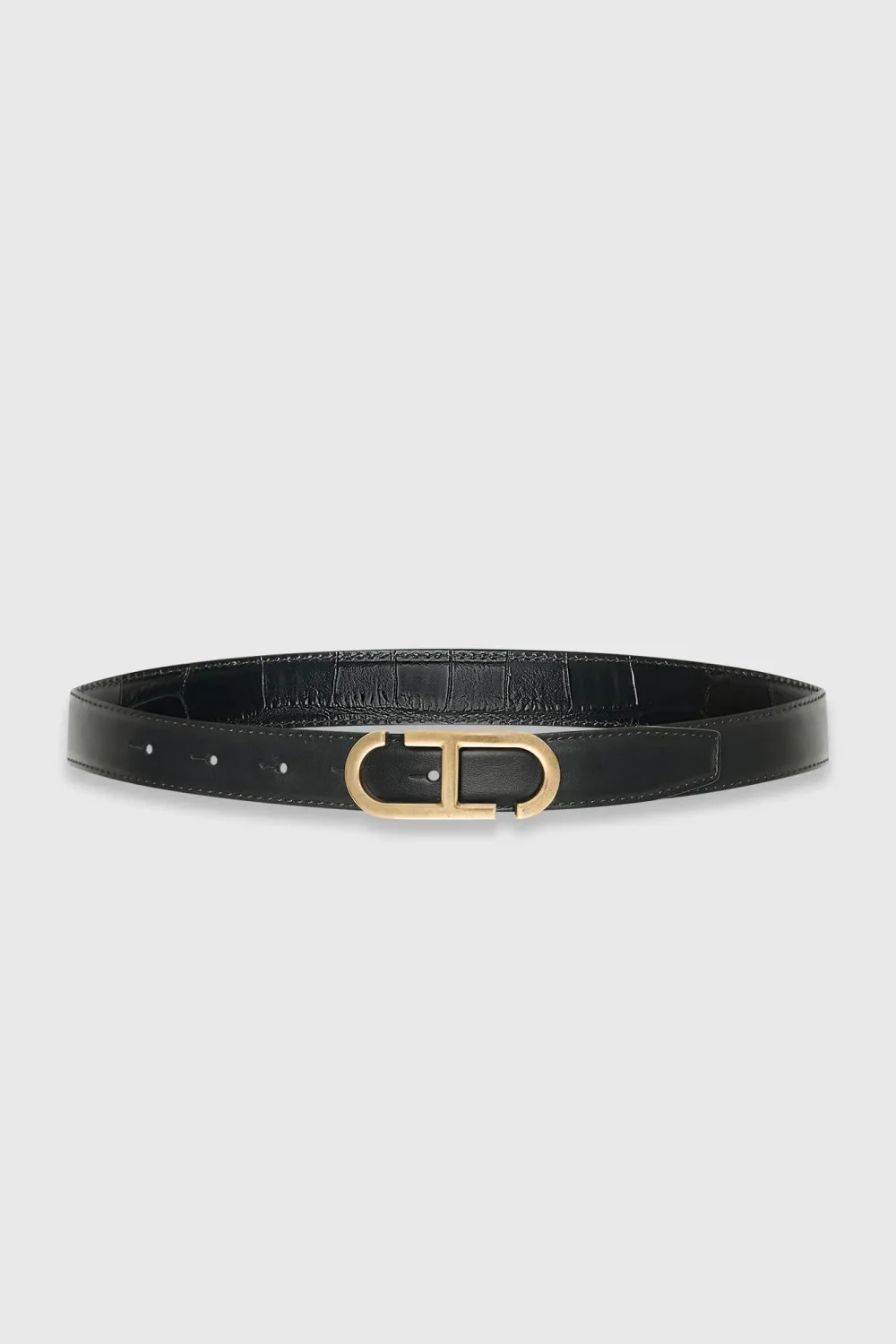 Leren Dames Riem Reversible Zwart Croco Brass Trophy Buckle