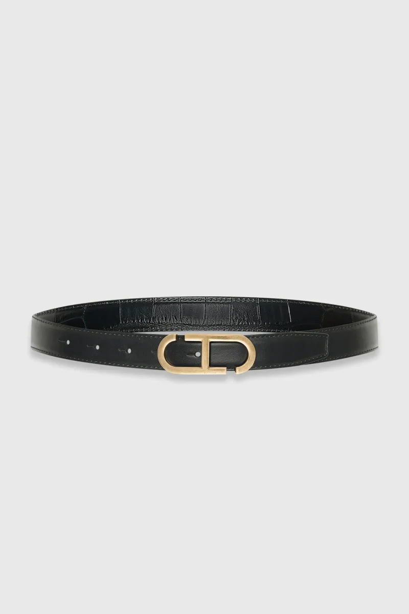 Leren Dames Riem Reversible Zwart Croco Brass Trophy Buckle