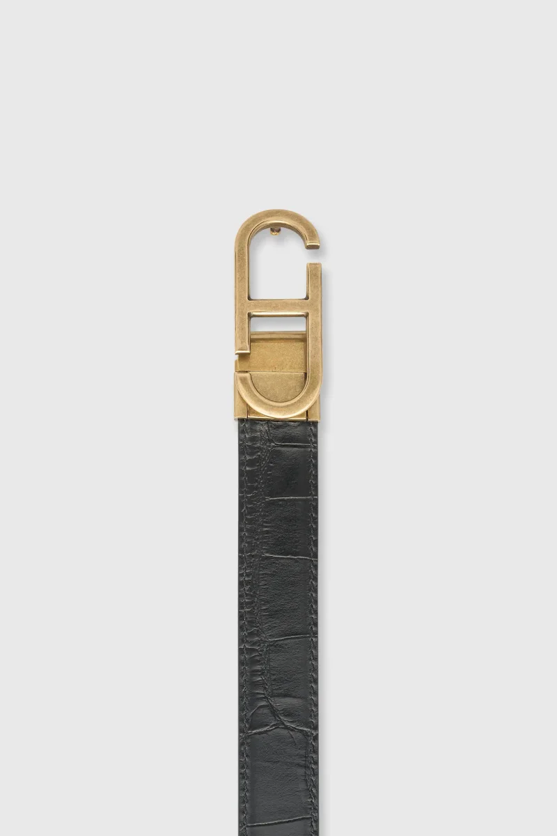 Leren Dames Riem Reversible Zwart Croco Brass Trophy Buckle