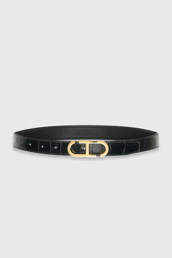 Leren Dames Riem Reversible Zwart Croco Goud Trophy Buckle