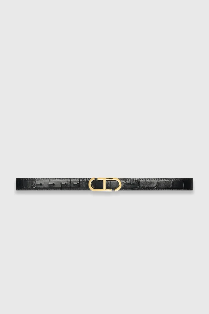 Leren Dames Riem Reversible Zwart Croco Goud Trophy Buckle